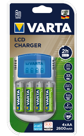 Varta batteriladdare LCD display. Laddar 2/4 AA, AAA. USB, 12V kabel och 4St AA 2600mAh ingår, 57070201451