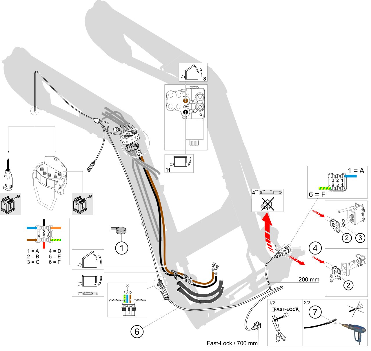 3rd service electrovalve cabling kit and disposition on implement With Locking Fast Lock