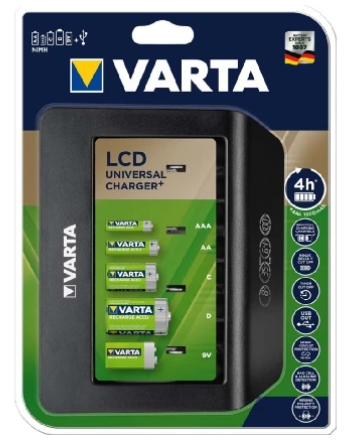 Varta batteriladdare LCD display. Laddar AA, AAA, 9V, C , D. 4H laddtid. Extra USB-utgång, 57688101401