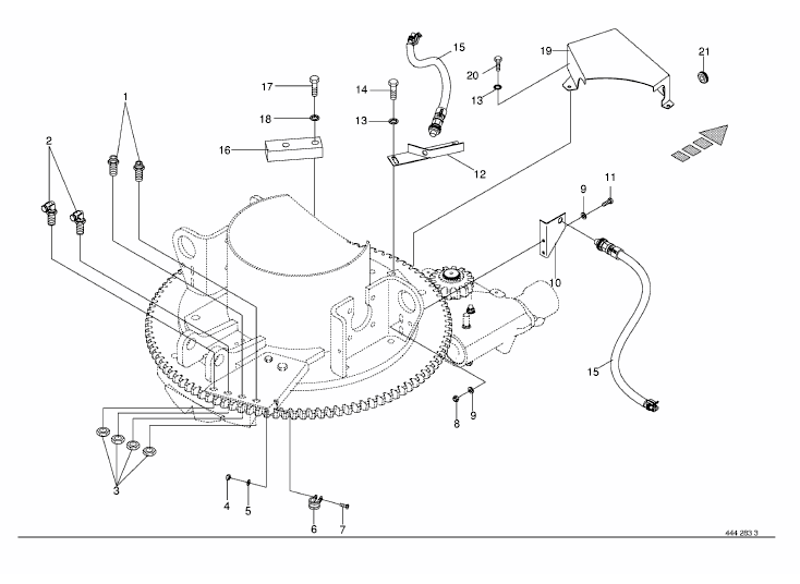 Mounting parts discharge chute rotation